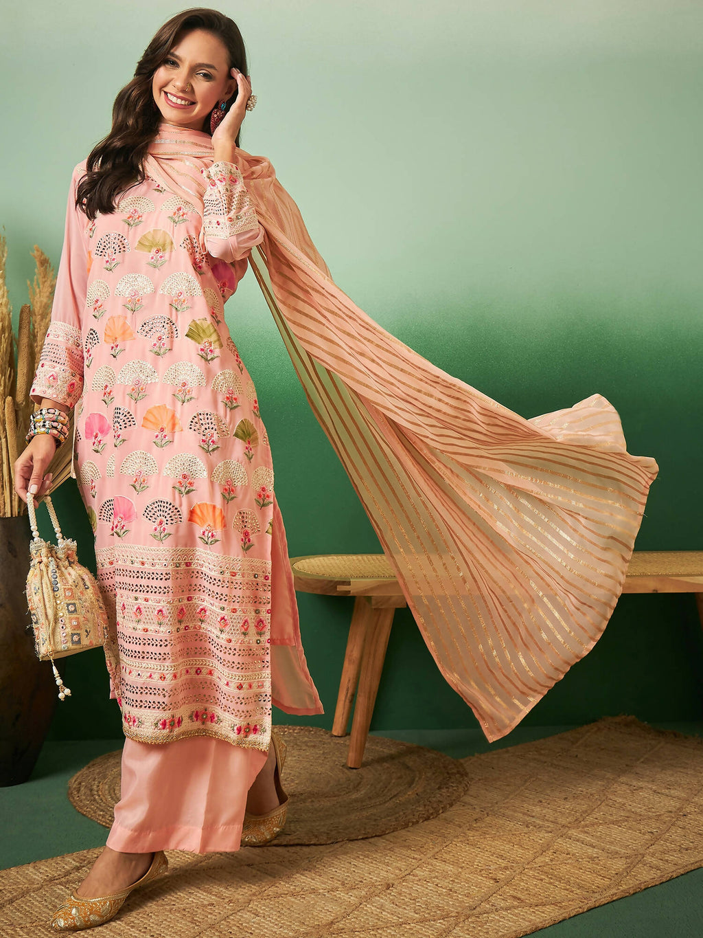 Peach Georgette Handwork Unstitched Dress Material - Hanika