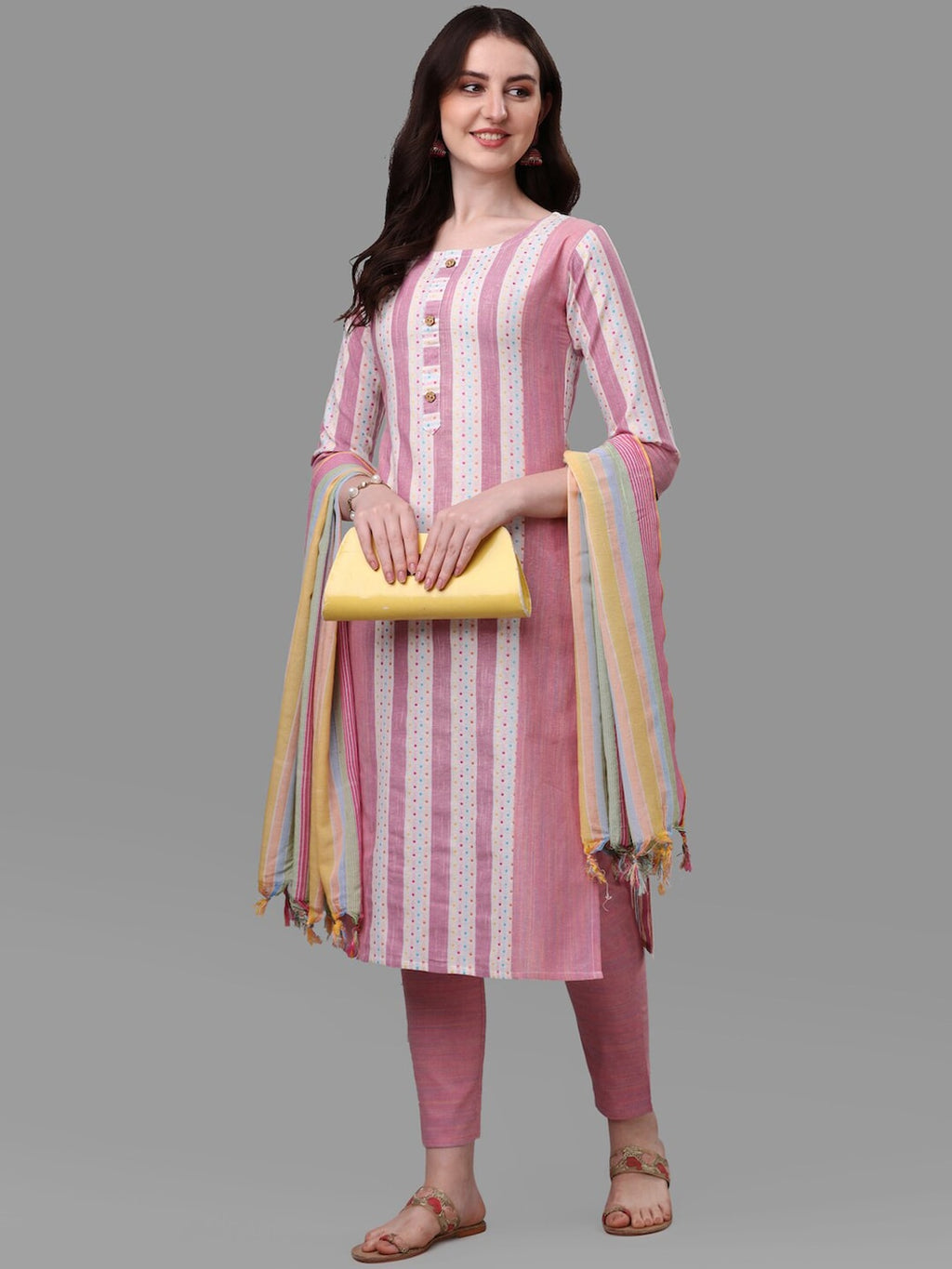 HERE&NOW Pink & White Striped Pure Cotton Kurta With Trousers & Dupatta