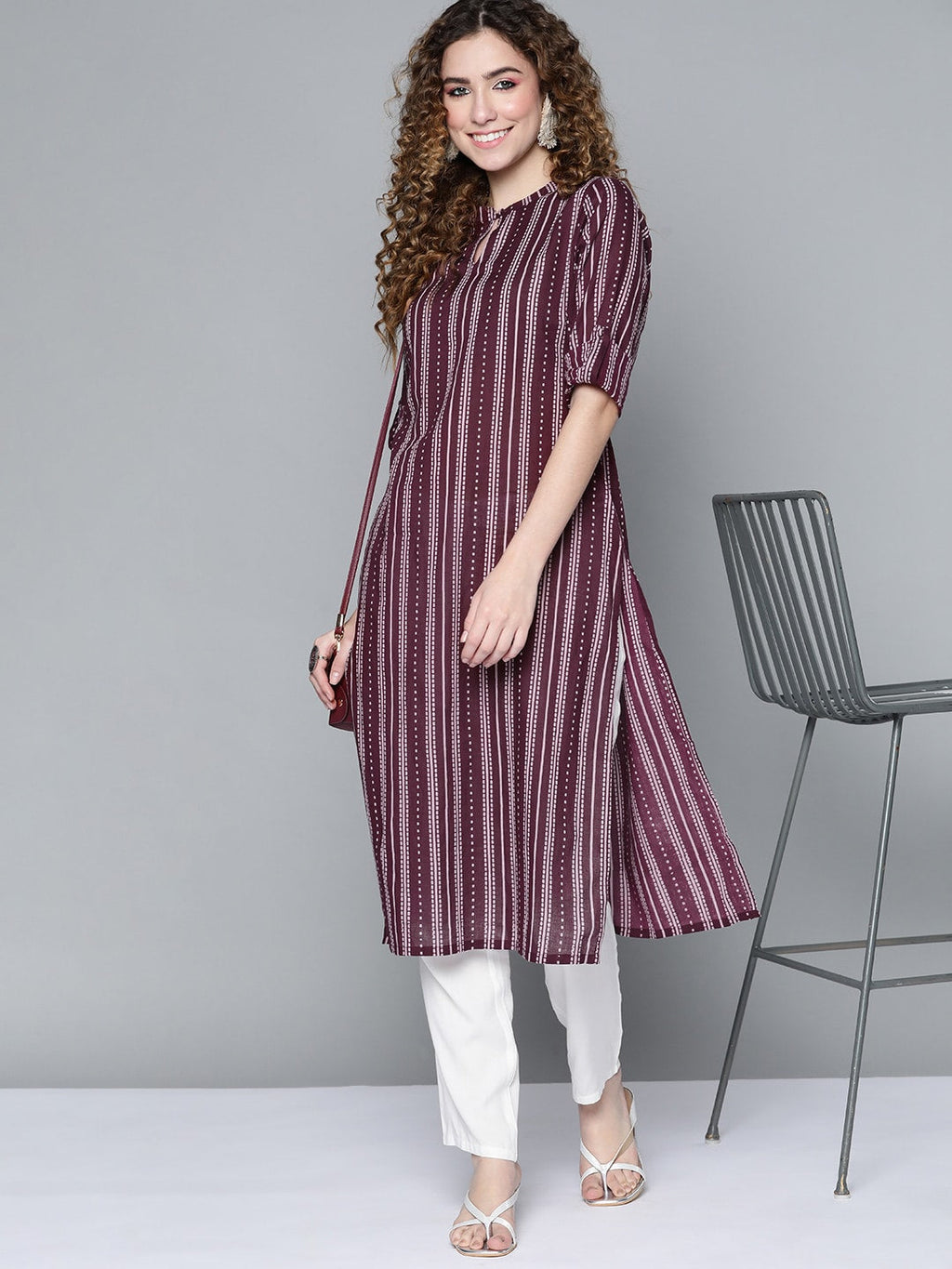 HERE&NOW Women Burgundy & White Printed Kurta