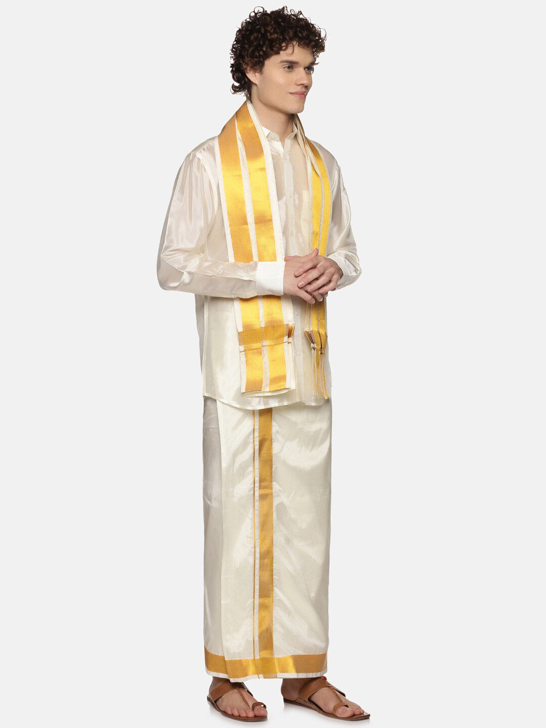 Sethukrishna Men Cream Solid With Angavastram
