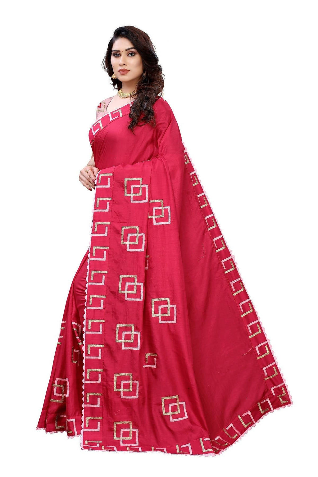 Vamika Red Dola Silk Embroidery Saree (MESHVI PINK)
