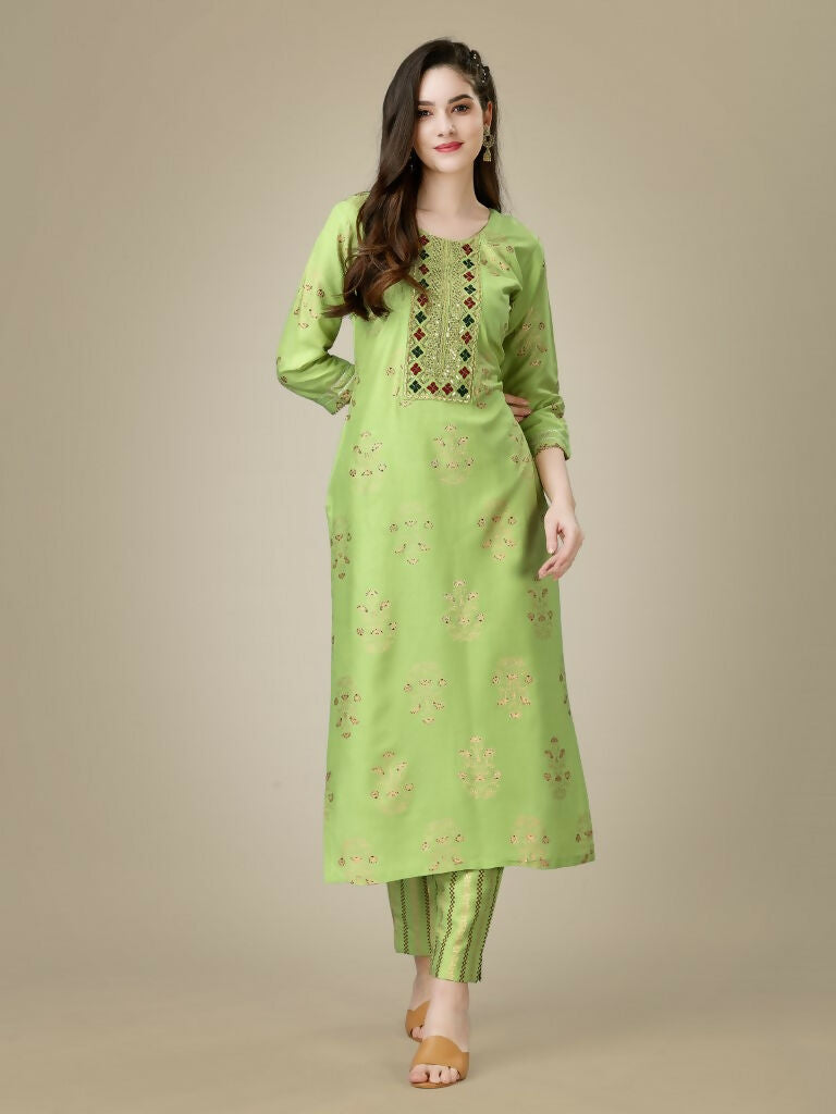 Jyoti Fashion Women's Light Green Rayon Embroidered Kurta Pant Set