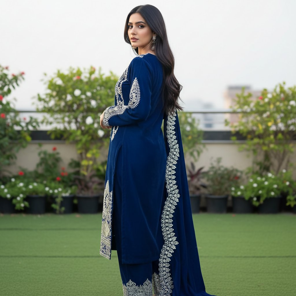 Teeya Creation Blue Color Velvet Designer Embroidery Work party Wear Suit