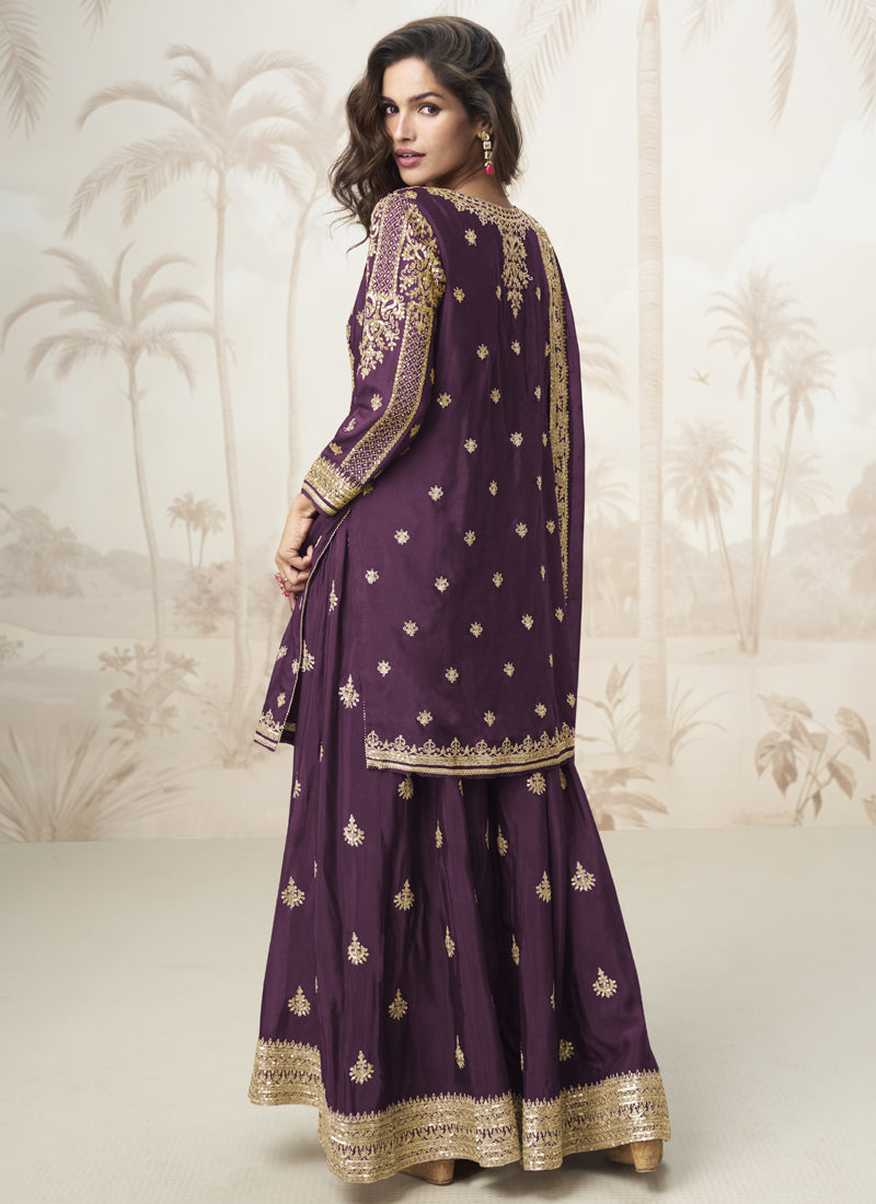 Vegaa Fashion Wine Chinon Silk Embroidered Sharara Suit