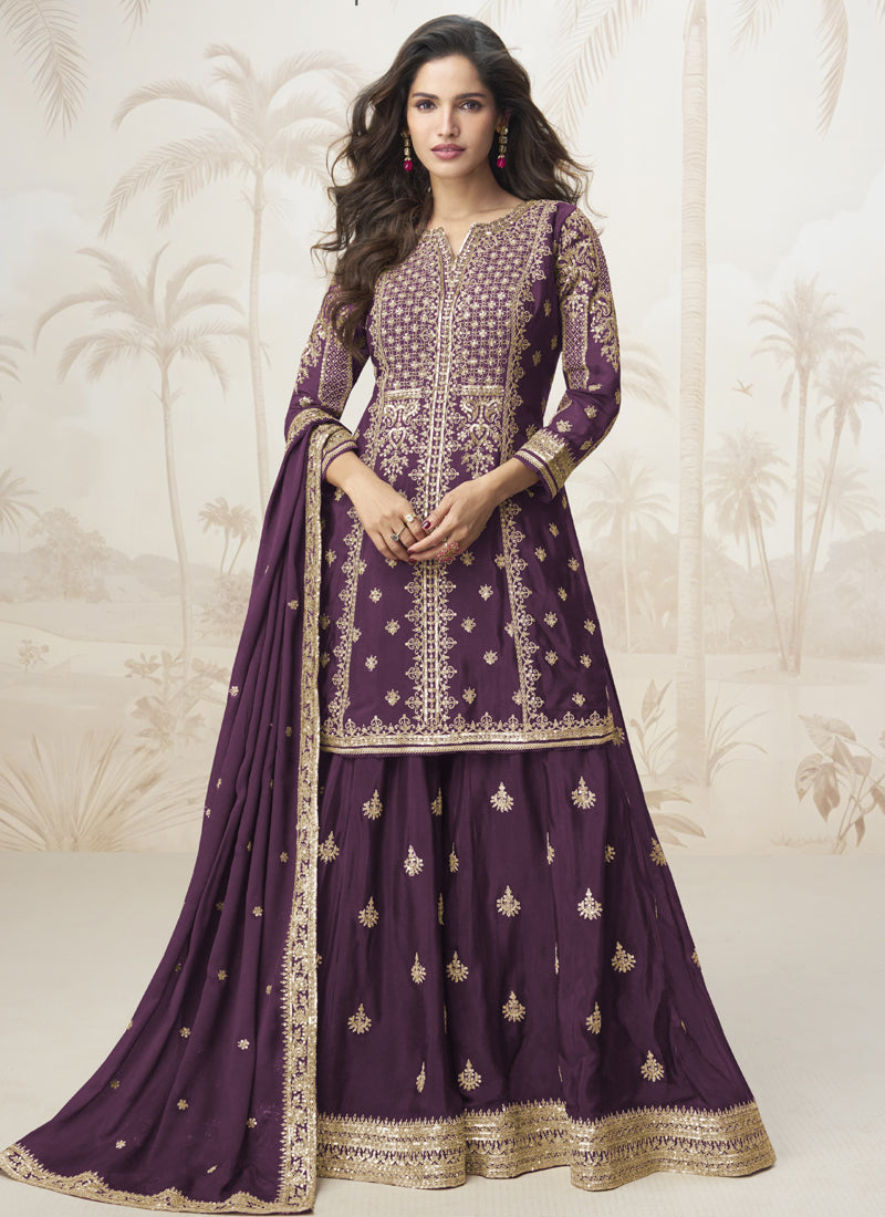 Vegaa Fashion Wine Chinon Silk Embroidered Sharara Suit