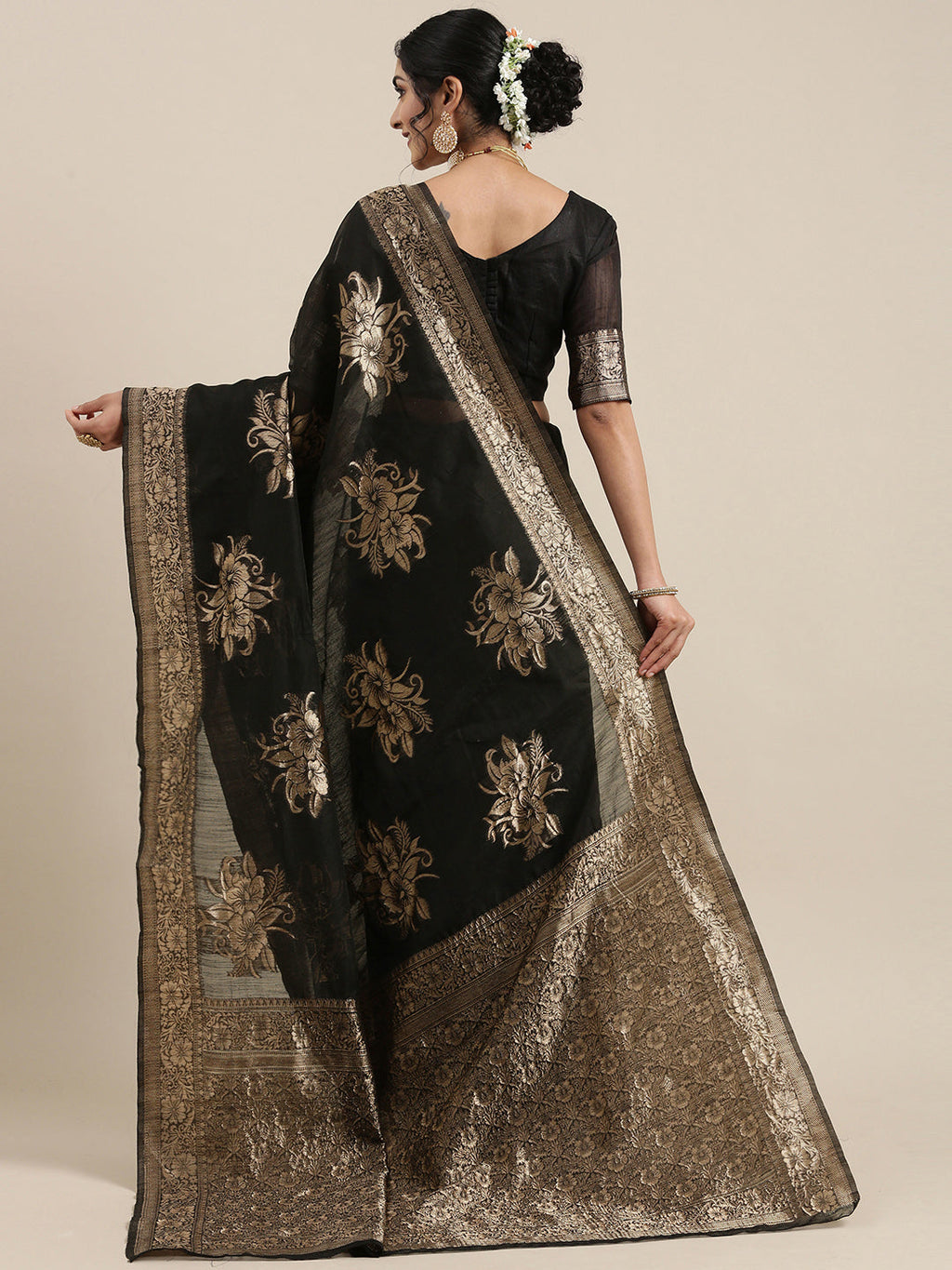 Saree Mall Black Floral Linen Blend Banarasi Saree