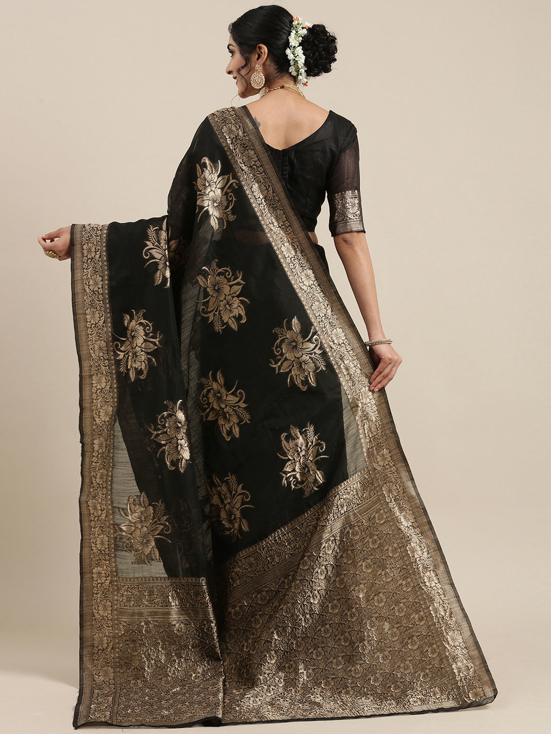 Saree Mall Black Floral Linen Blend Banarasi Saree