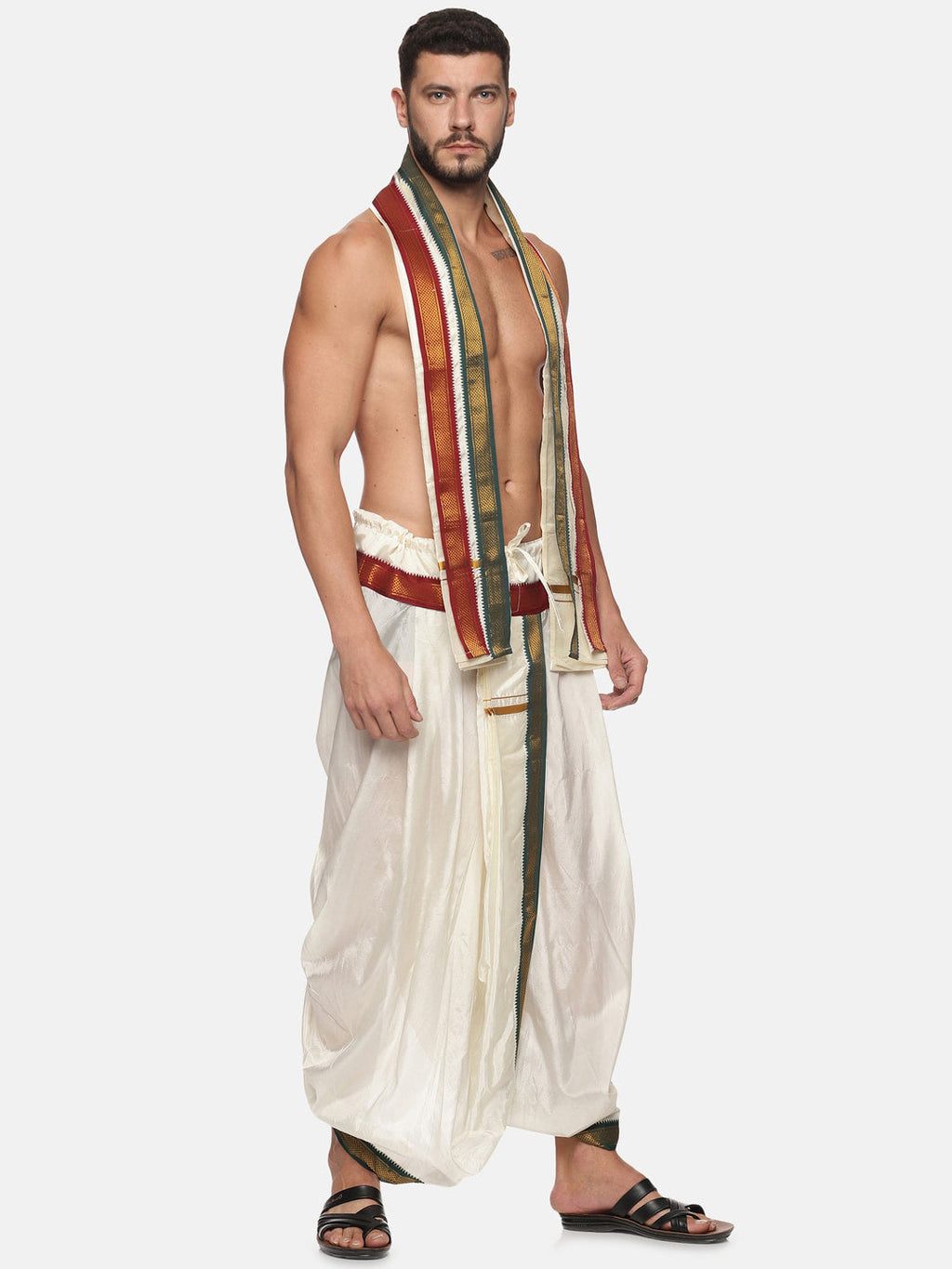 Sethukrishna Men Cream Solid Readymade Dhoti Pants With Angavastram
