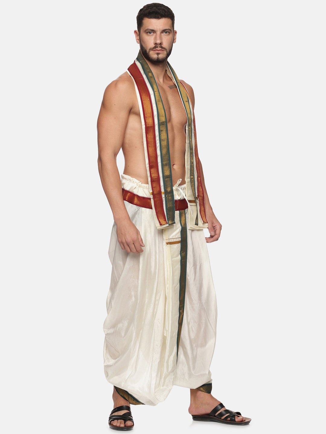 Sethukrishna Men Cream Solid Readymade Dhoti Pants With Angavastram
