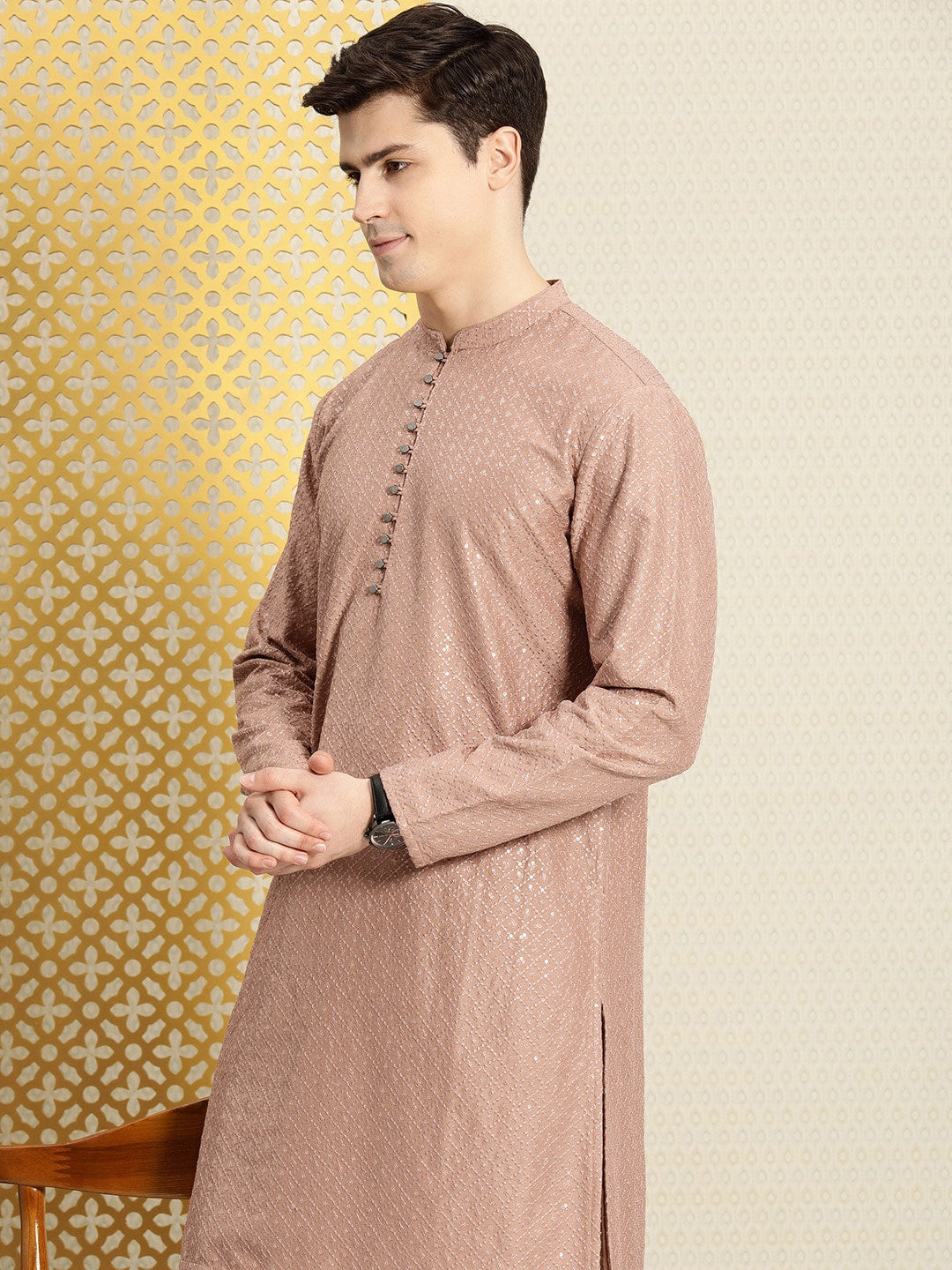 House of Pataudi Men Jashn Ethnic Motifs Embroidered Sequinned Kurta with Pyjamas