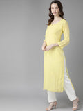 ADA Women Yellow Ethnic Motifs Embroidered Chikankari Georgette Handloom Kurta