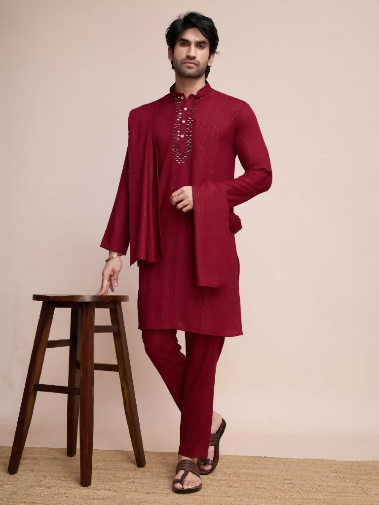 Vastranavya Traditional Festival Wear Viscose Thread & Sequence Embroidered Work Kurta Pant Set - Maroon