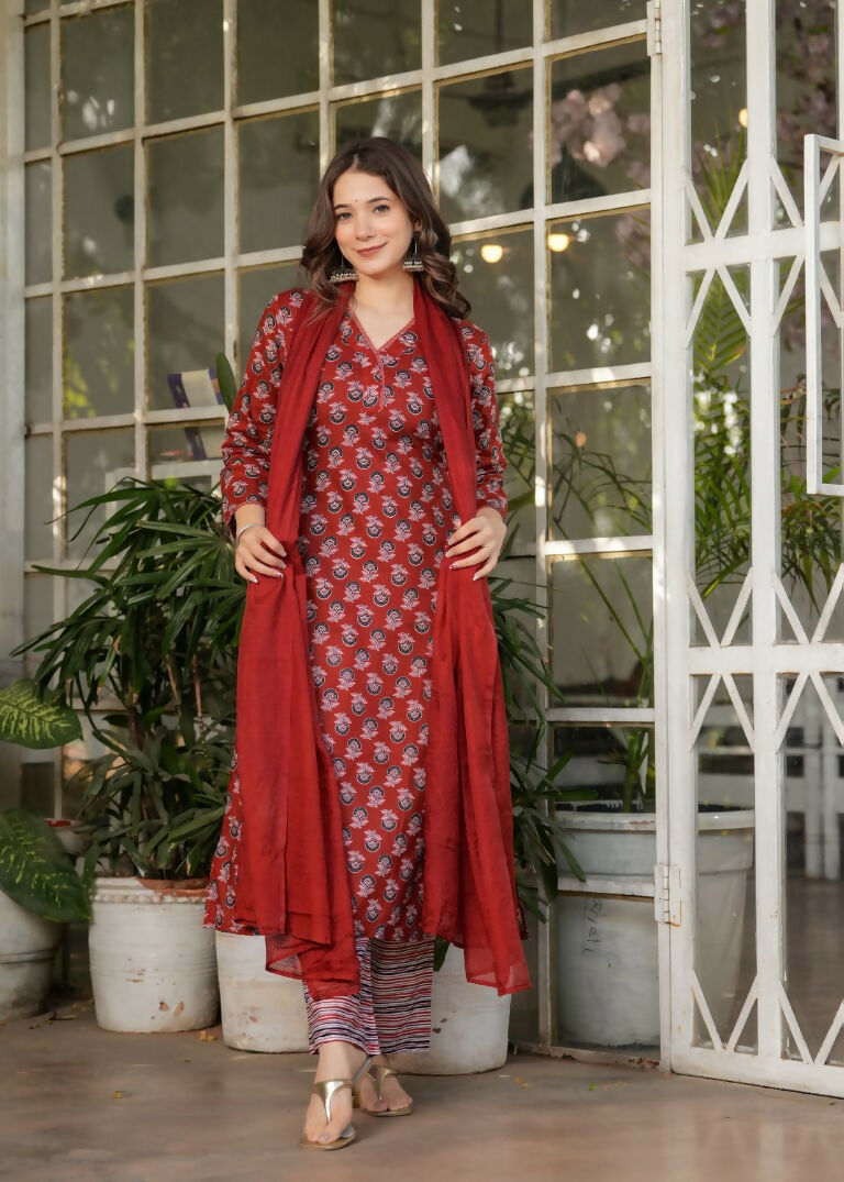 Red Pure Cotton Printed Anarkali Suit with Dupatta - Rashmika