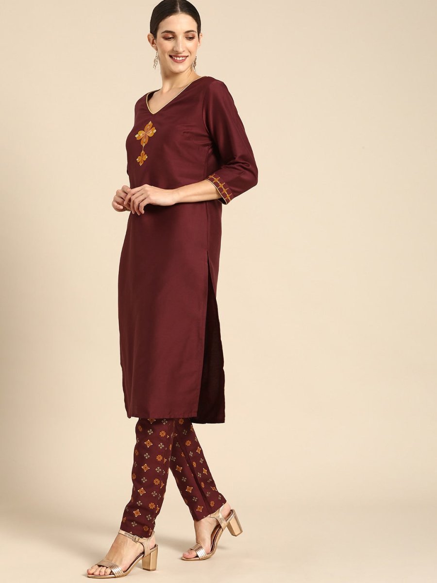 All About You Women Maroon Floral Yoke Design Regular Kurta with Trousers