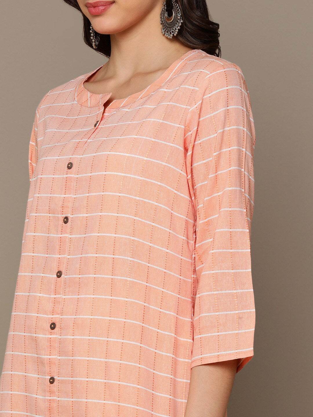 HERE&NOW Orange & White Checked Straight Kurta