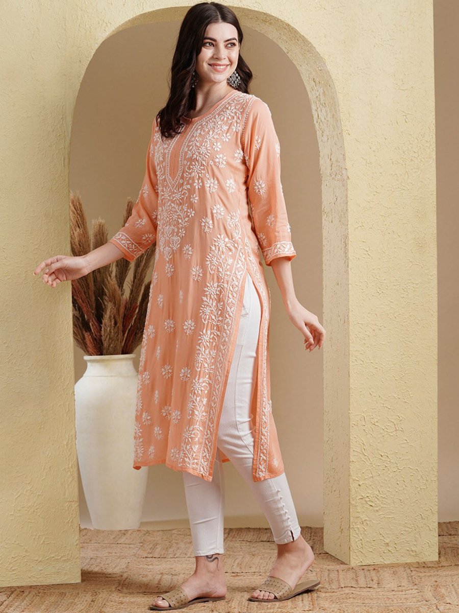 ADA Ethnic Motifs Embroidered Lucknowi Chikankari Detailed Modal Cotton Straight Kurta