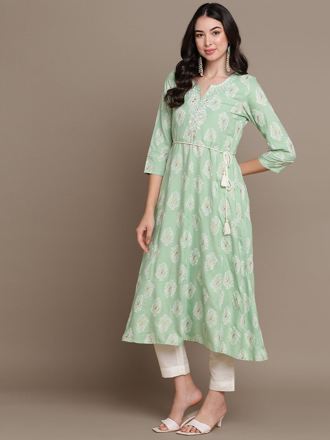 HERE&NOW Embroidered Ethnic Motif Printed Notched Neck A-Line Kurta
