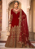Maroon Velvet Front & Back Embroidery Wedding Anarkali Suit - Emponline
