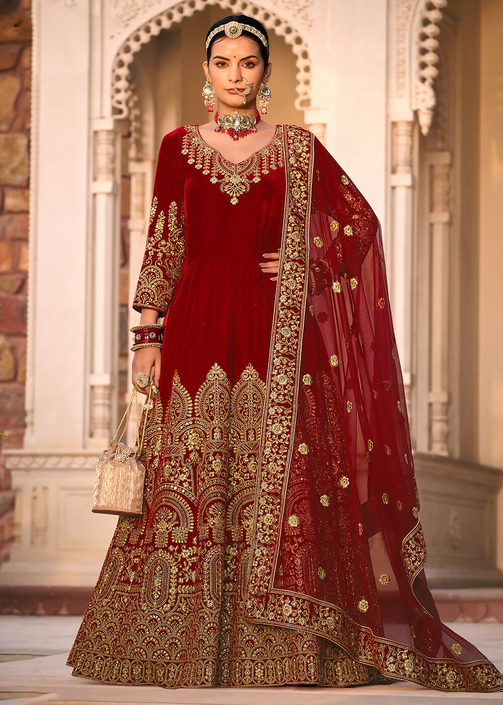 Maroon Velvet Front & Back Embroidery Wedding Anarkali Suit - Emponline