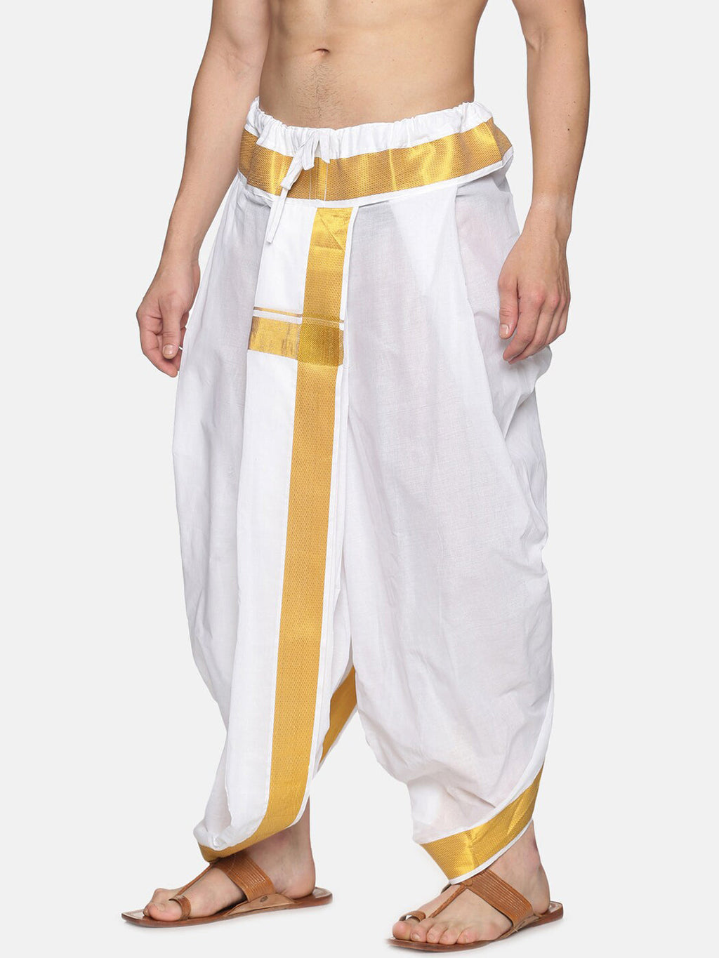 Sethukrishna Men White & Gold-Coloured Solid Readymade Dhoti Pant