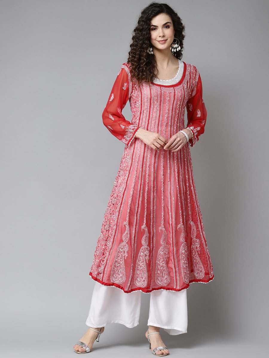 ADA Women Red & White Ethnic Motifs Embroidered Chikankari Georgette Kurta