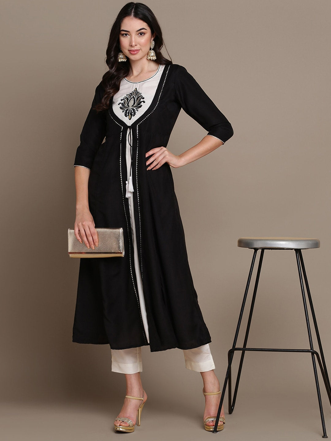 HERE&NOW Ethnic Motifs Embroidered Layered A-Line Cotton Kurta