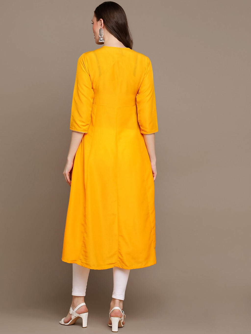 HERE&NOW Round Neck Embroidered Yoke Design Gotta Patti Layered Pure Cotton A-Line Kurta