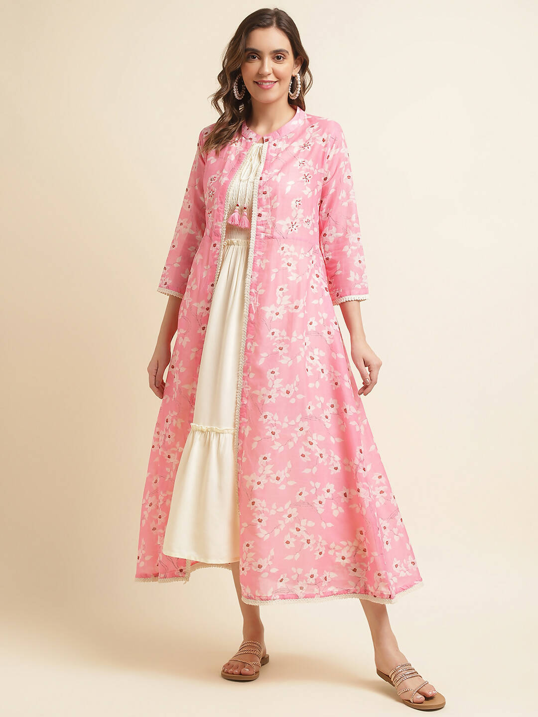 White Cotton Solid Flared Dress with Printed Shrug - Yukti