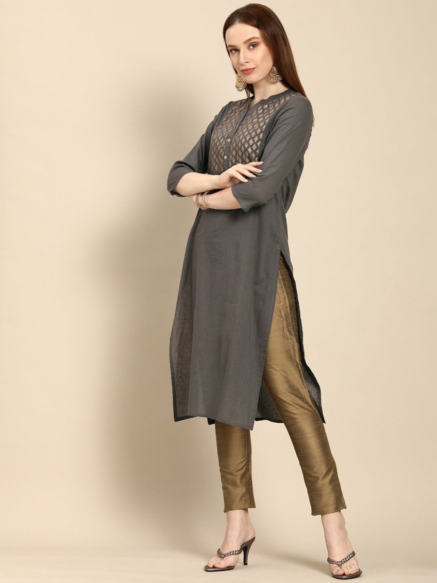All About You Women Grey Ethnic Motifs Yoke Design Pure Cotton Kurta