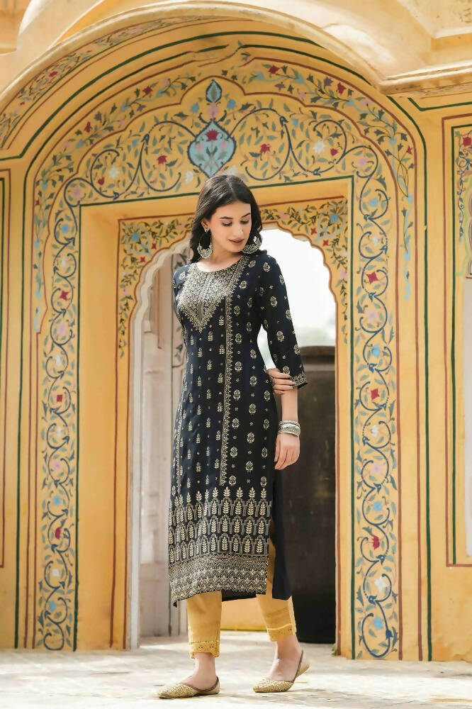 Juniper Black Rayon Festive Printed Straight Kurta For Women