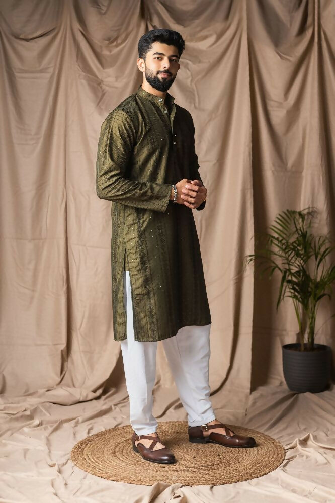 Mehandi Green Rayon Thread Embroidery Work Kurta Set - Mahotsav