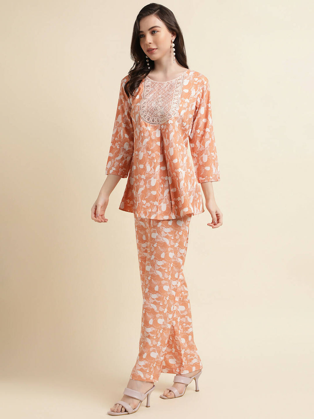Orange Poly Crepe Digital Printed Top with Matching Bottom - Preeti