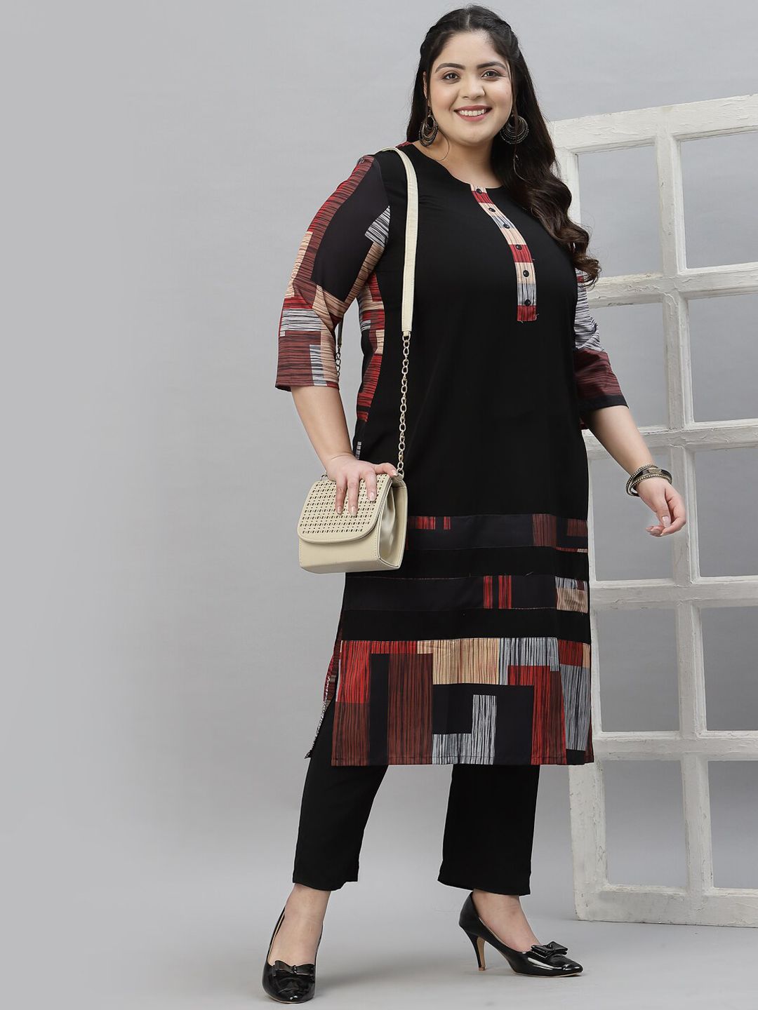 Sztori Black & Red Ethnic Motifs Printed Crepe A-Line Kurta