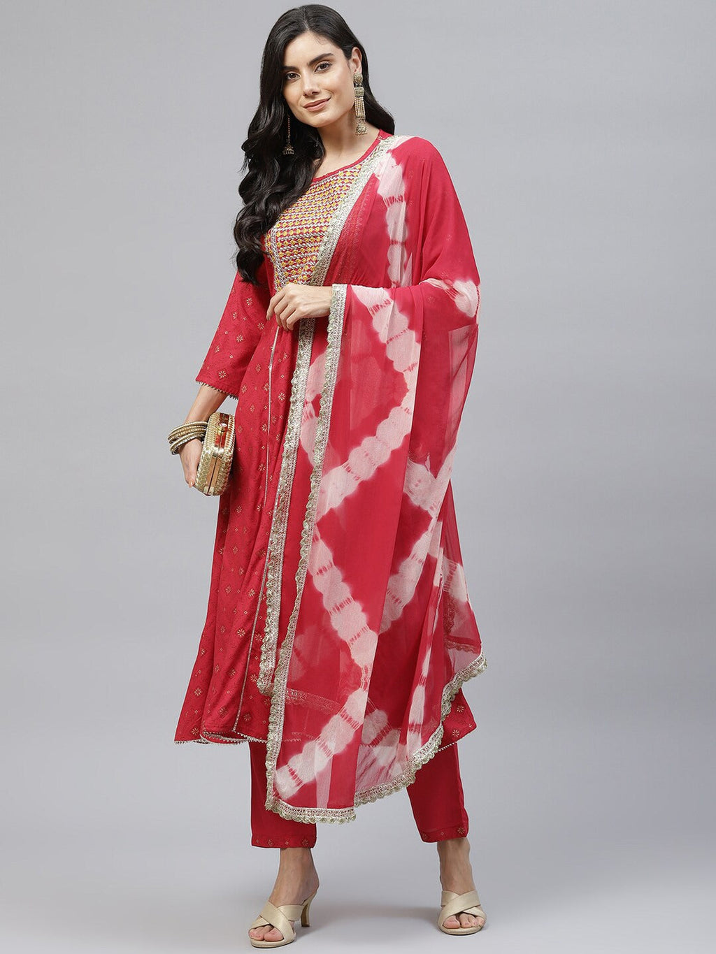 HERE&NOW Women Red Floral Printed Panelled Thread Work Kurta with Trouser & Dupatta