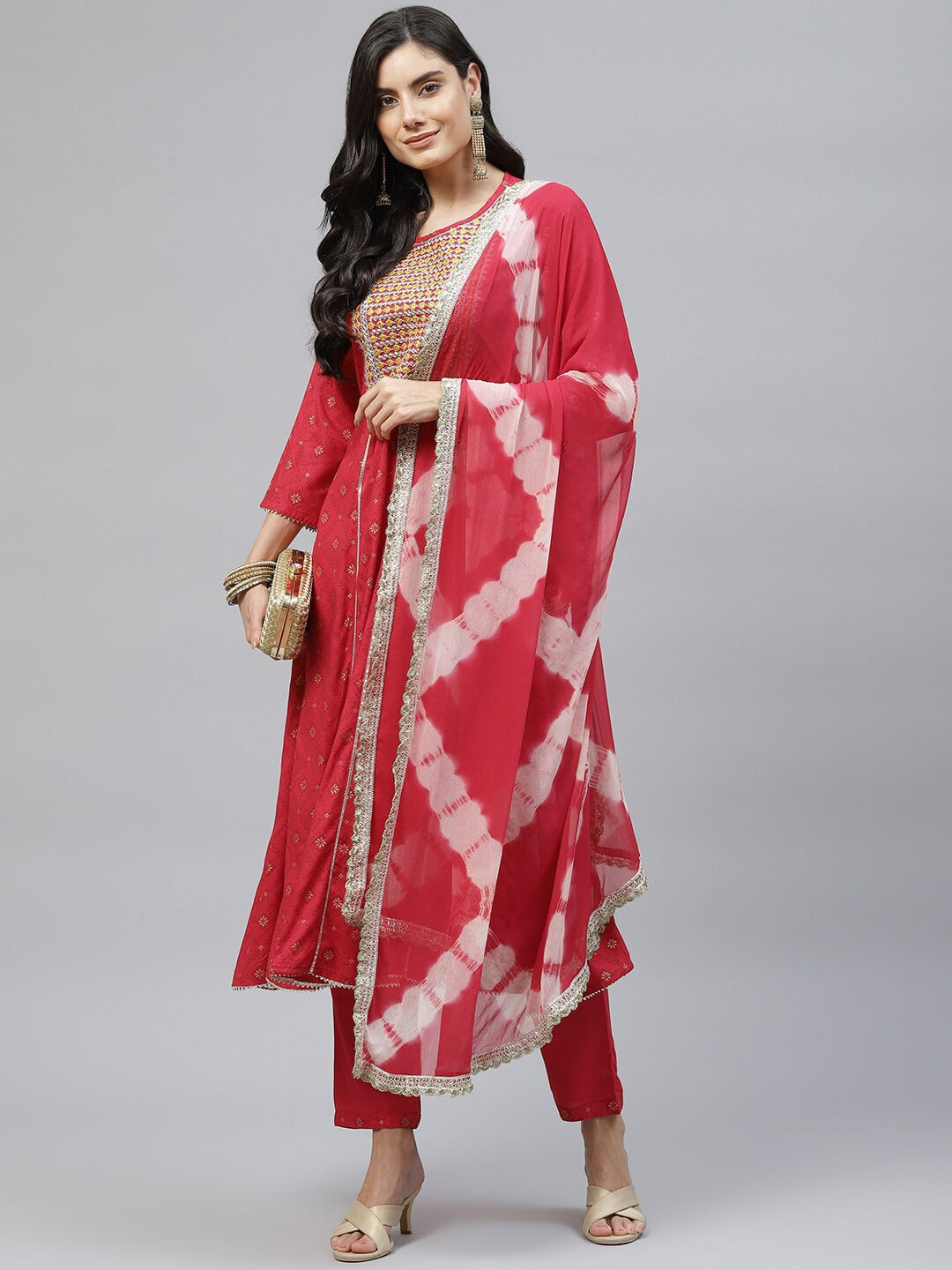 HERE&NOW Women Red Floral Printed Panelled Thread Work Kurta with Trouser & Dupatta