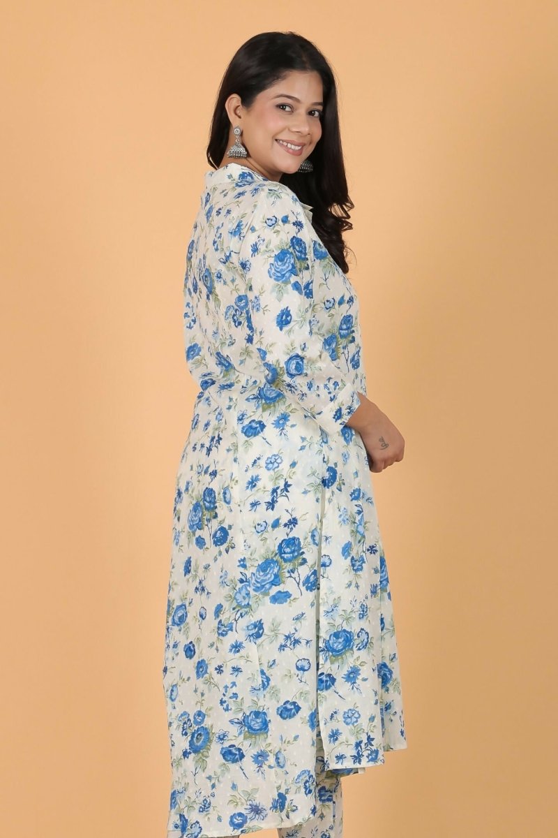 Aramya White Textured Cotton Floral High Low Kurta for Women