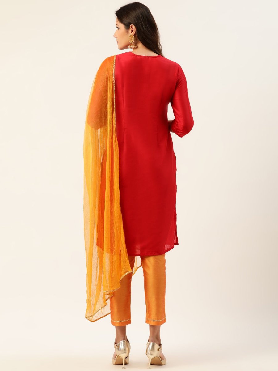 All About You Women Red & Orange Embroidered Yoke Design Kurta set with Dupatta