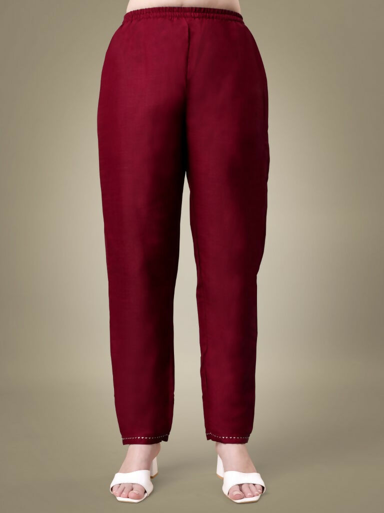 Jyoti Fashion Women's Maroon Cotton Blend Embroidery & Sequence work Kurta with Trouser & Dupatta