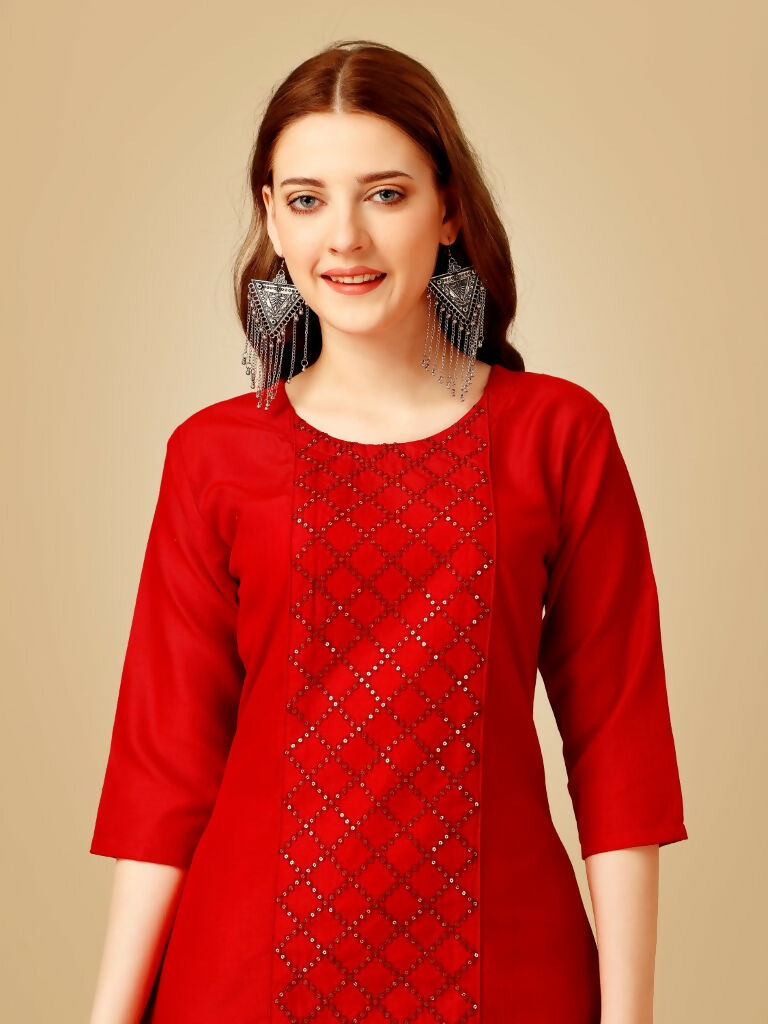 Jyoti Fashion Women's Red Cotton Blend Embroidered Kurta Pant Set