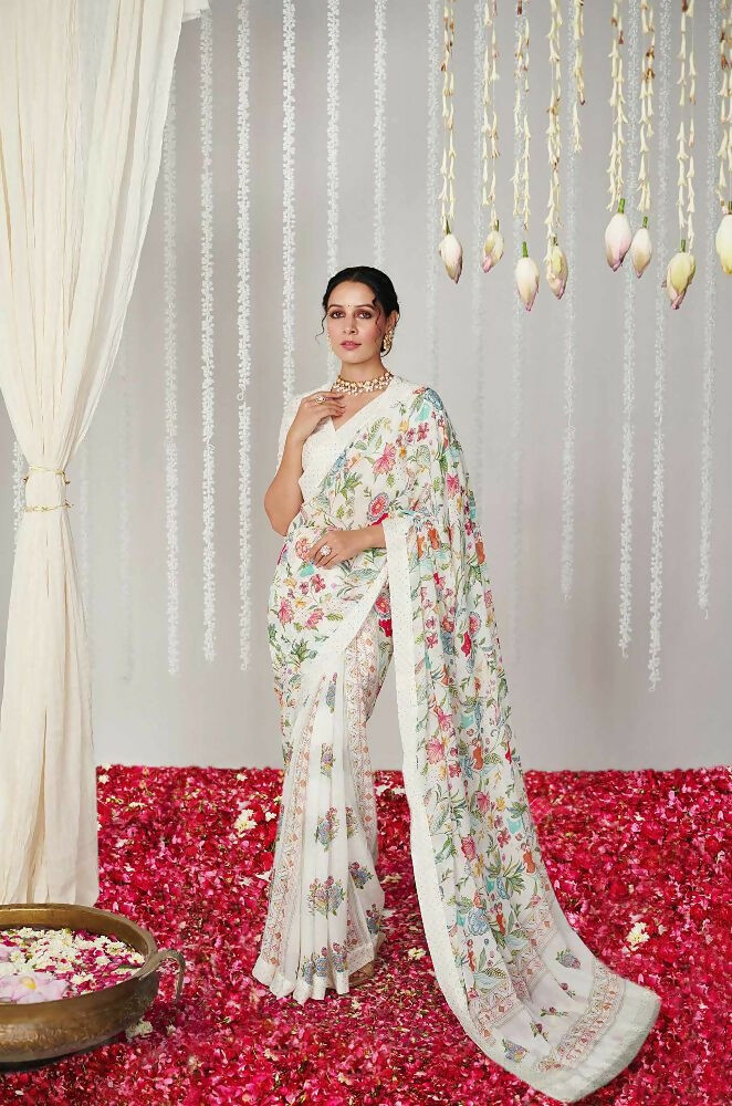 Off White Bright Moss Designer Digital Printed Party Wear Saree - Be Verly