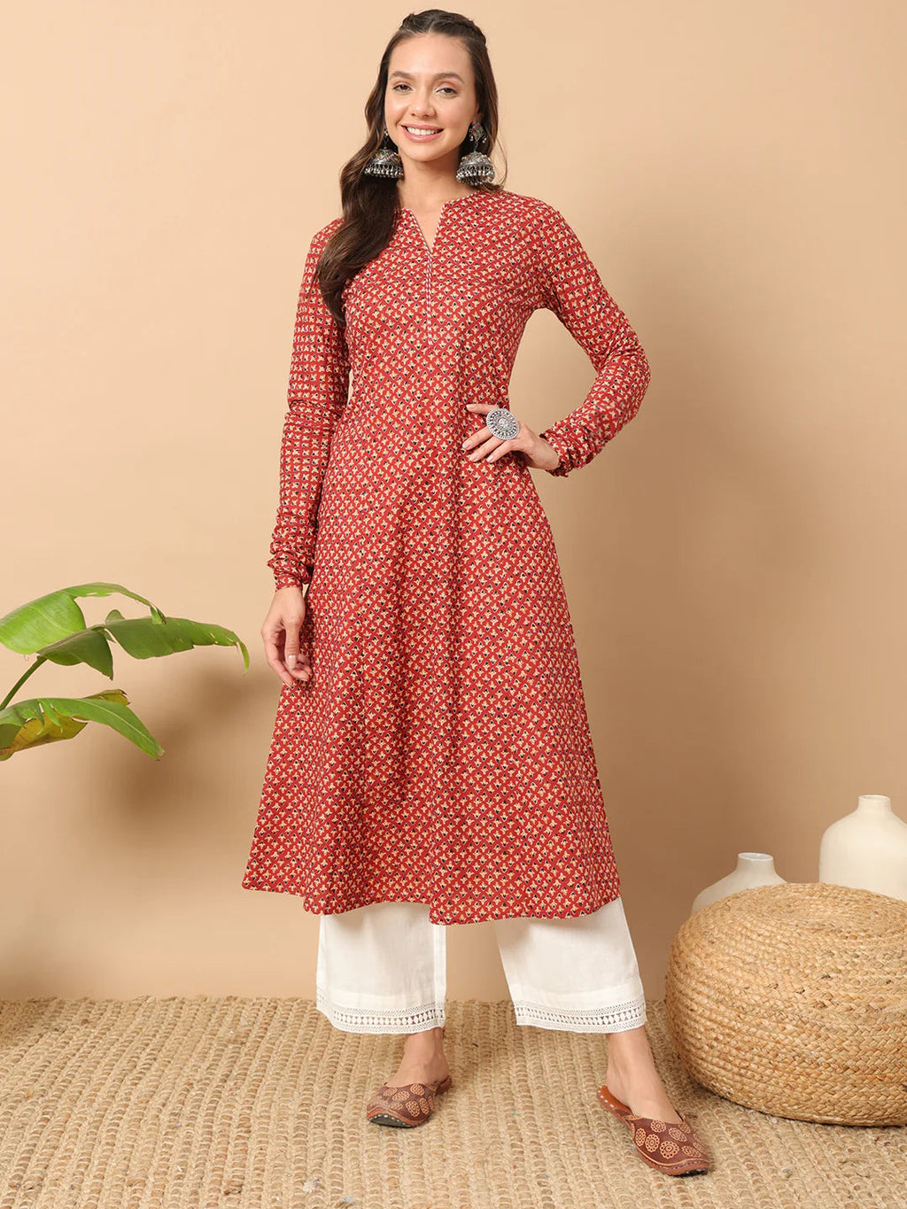 FIORRA Women's Floral Printed Red Cotton A-Line Kurta