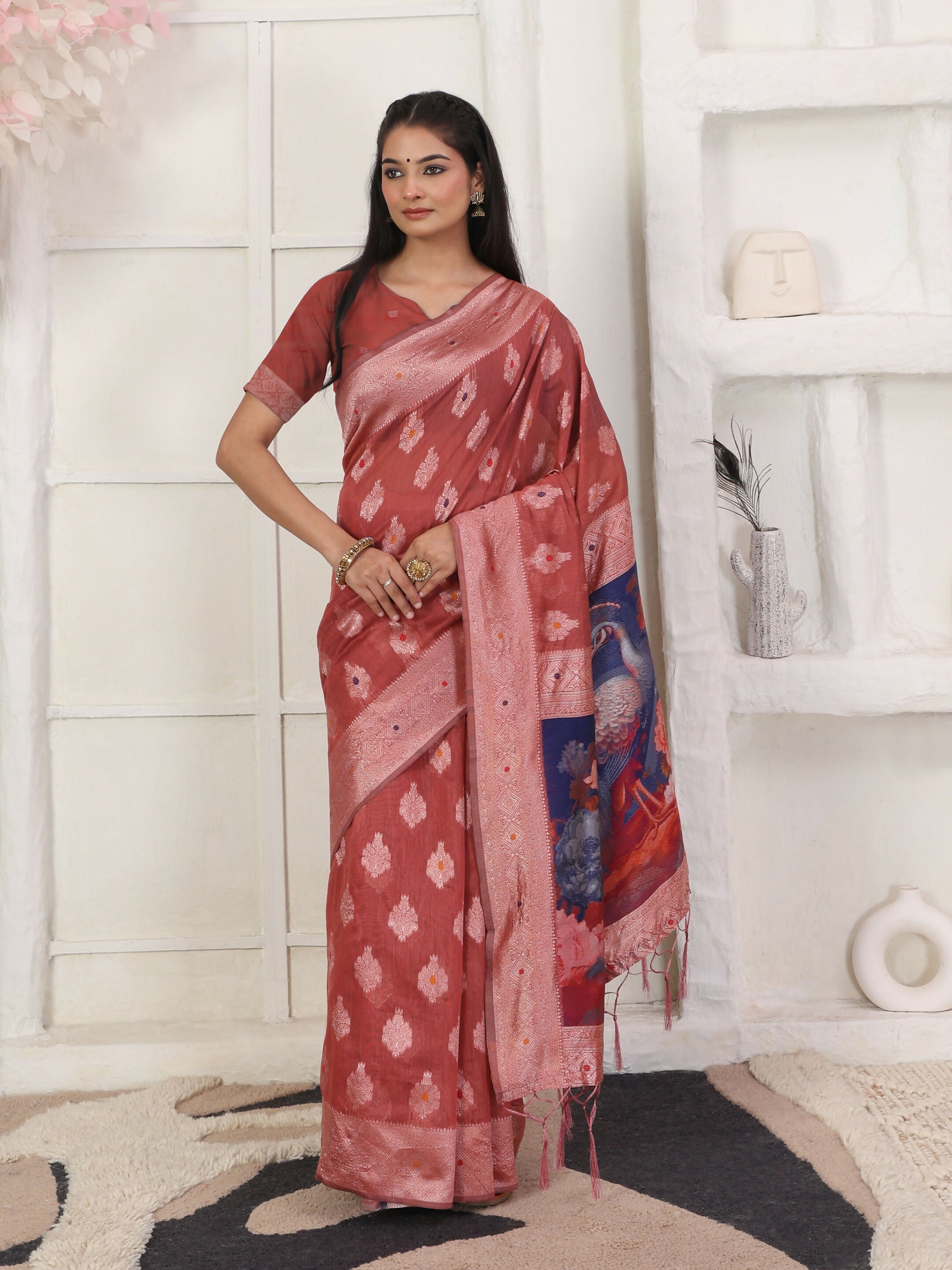 Shree Shyam Fashion Linen Cotton Rust Saree