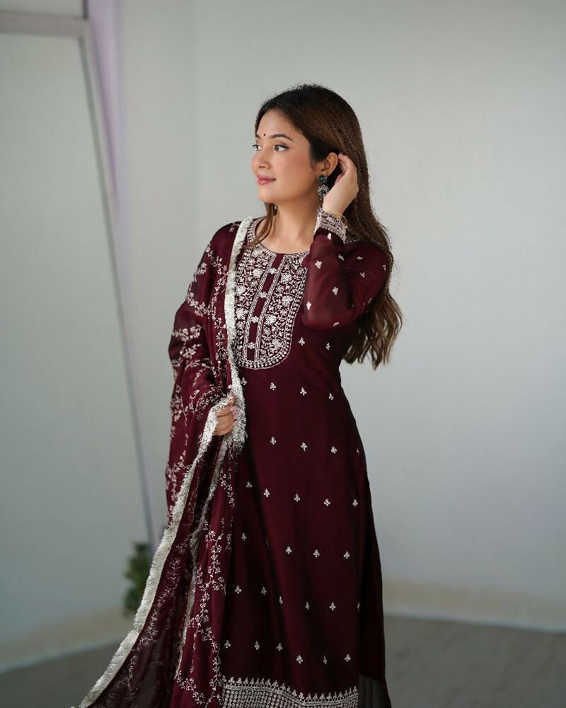 Joban Fashion Wine Kurta Set Silk Sequence Embroidery Work