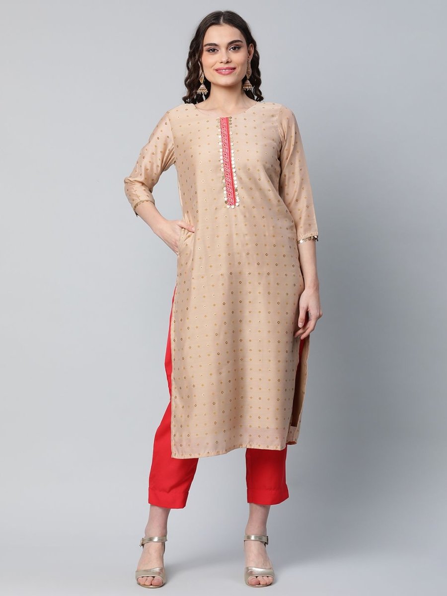 Ahalyaa Women Beige Colour Chanderi Printed Kurta Pant Set