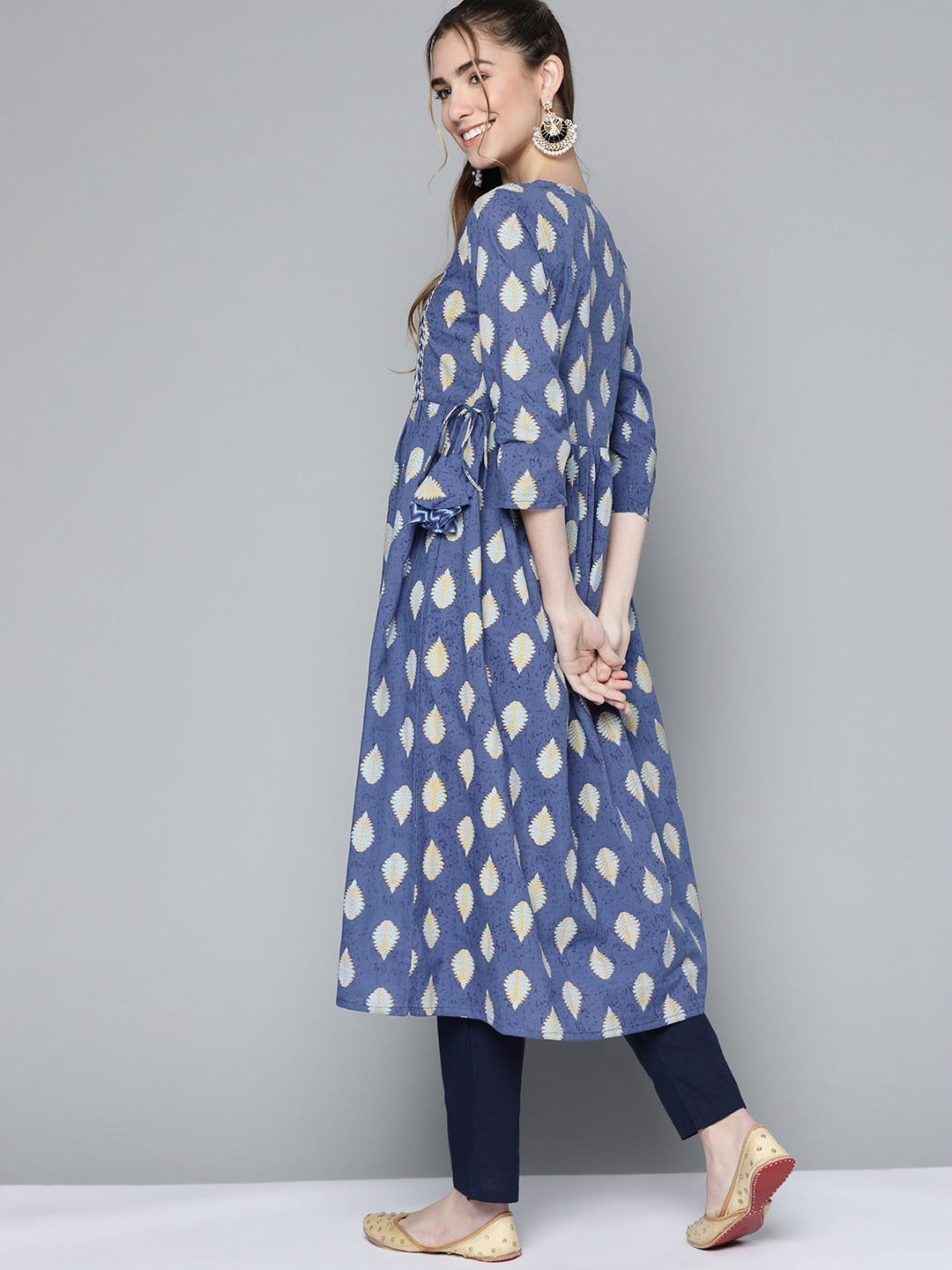 HERE&NOW Women Navy Blue & Mustard Yellow Ethnic Printed Gotta Patti Pure Cotton Kurta