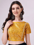 Tikhi Imli Yellow Embellished Boat Neck Sequinned Detailed Saree Blouse