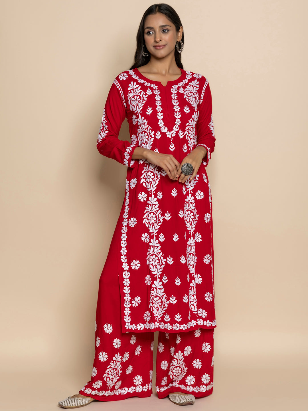 HOUSE OF KARI Floral Embroidered Chikankari Cotton A-Line Kurta