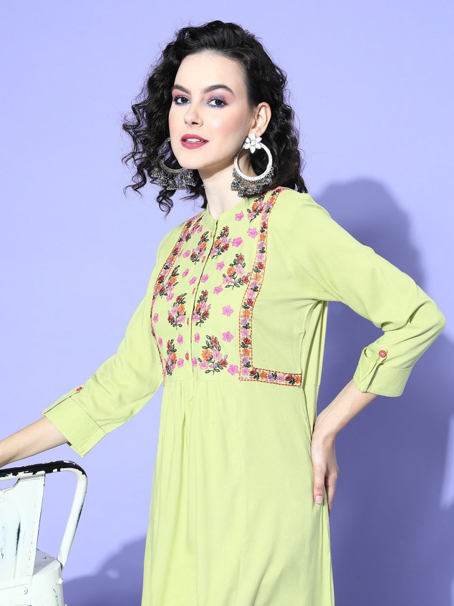 All About You Women Green Floral Embroidered Mirror Work Floral Anarkali Kurta