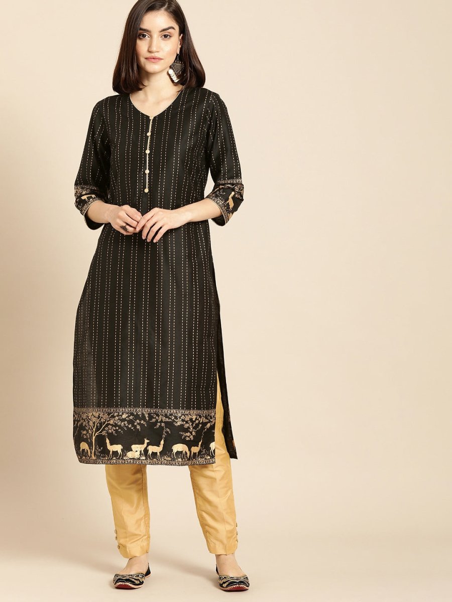 All About You Women Black & Gold Striped Regular Kurta with Trousers