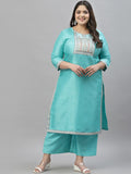 Sztori Plus Size Floral Printed Round Neck Straight Kurta with Palazzos